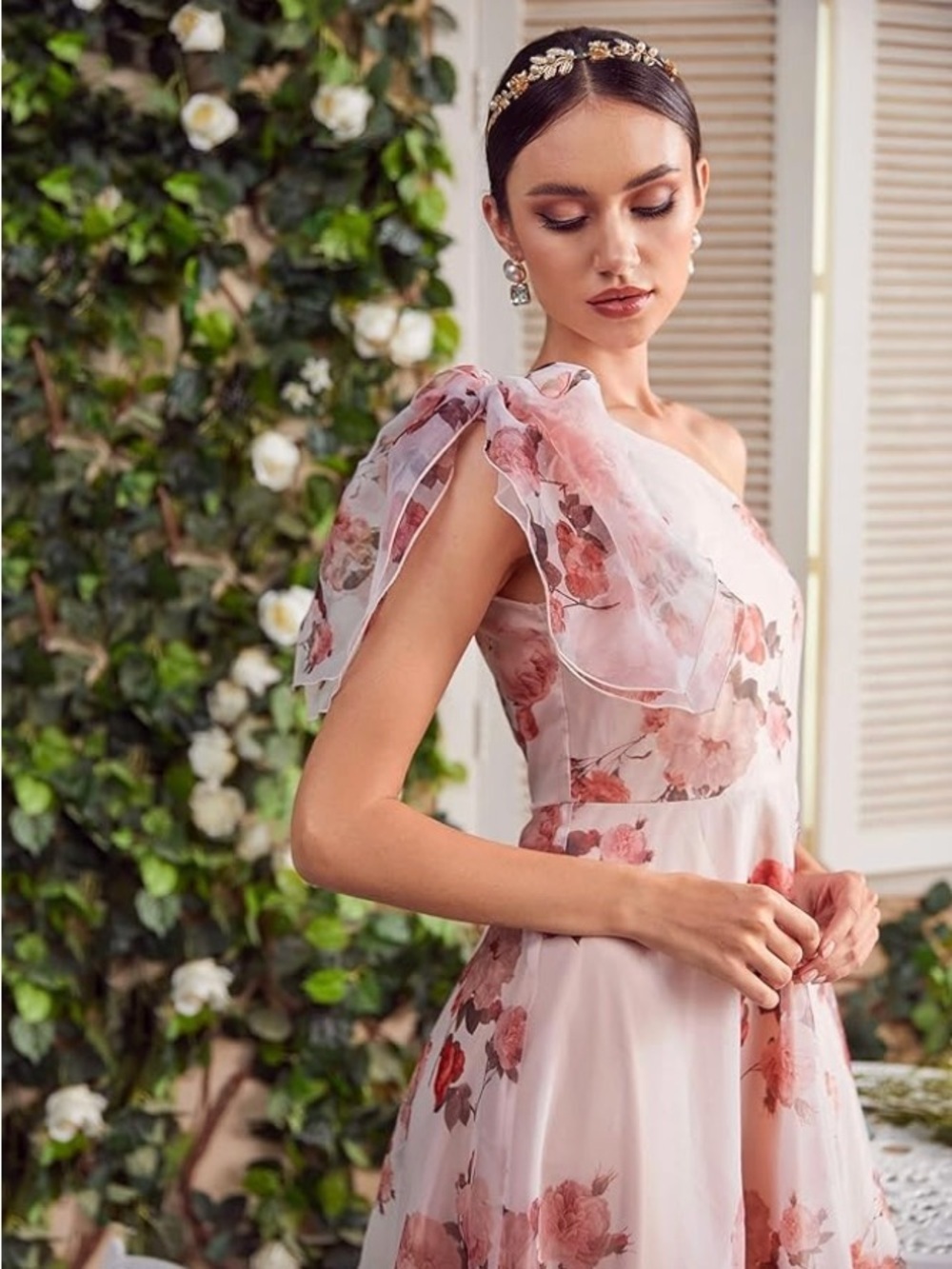 One-Shoulder Pink Floral Maxi Dress - Picture 4 of 11